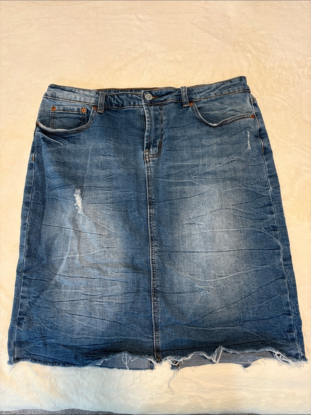 Dex Blue Distressed Midi Denim Skirt